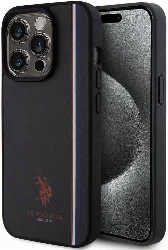 Apple iPhone 15 Pro (6.1) Kılıf U.S. Polo Assn. Orjinal Lisanslı Üç Renk Şerit Tasarımlı Baskı Logolu Kapak - Siyah