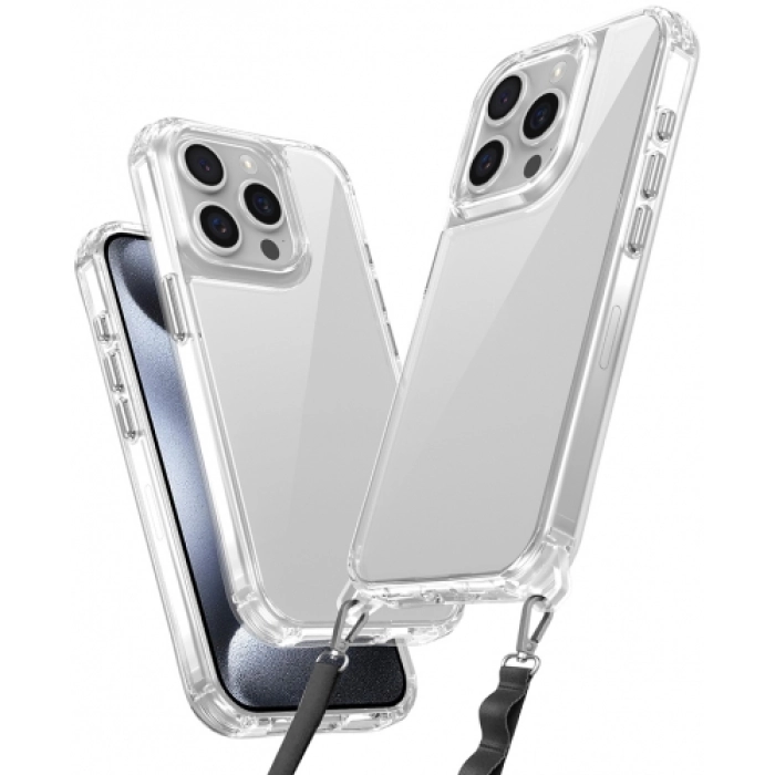 Apple iPhone 15 Pro Max (6.7) Kılıf Airbagli Takılabilir Askı Aparatlı Esnek Snap Silikon Kapak - Şeffaf