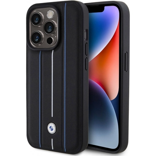 Apple iPhone 15 Pro Max (6.7) Kılıf BMW Deri Görünümlü Blue Lines Orijinal Lisanslı Kapak - Siyah