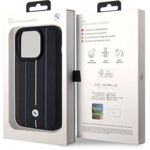Apple iPhone 15 Pro Max (6.7) Kılıf BMW Deri Görünümlü Blue Lines Orijinal Lisanslı Kapak - Siyah