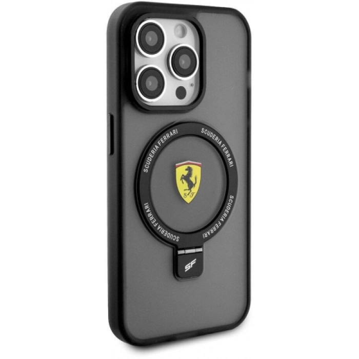 Apple iPhone 15 Pro Max (6.7) Kılıf Ferrari Magsafe Şarj Özellikli Standlı Buzlu Yüzey Dizayn Kapak - Siyah