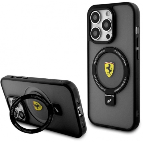 Apple iPhone 15 Pro Max (6.7) Kılıf Ferrari Magsafe Şarj Özellikli Standlı Buzlu Yüzey Dizayn Kapak - Siyah