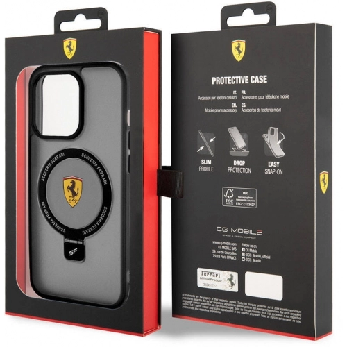 Apple iPhone 15 Pro Max (6.7) Kılıf Ferrari Magsafe Şarj Özellikli Standlı Buzlu Yüzey Dizayn Kapak - Siyah