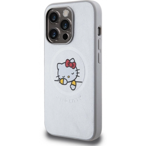 Apple iPhone 15 Pro Max (6.7) Kılıf Hello Kitty Orjinal Lisanslı Magsafe Şarj Özellikli Baskı Logolu Uyuyan Kitty Deri Kapak - Gümüş