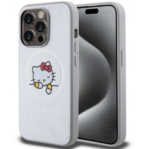 Apple iPhone 15 Pro Max (6.7) Kılıf Hello Kitty Orjinal Lisanslı Magsafe Şarj Özellikli Baskı Logolu Uyuyan Kitty Deri Kapak - Gümüş