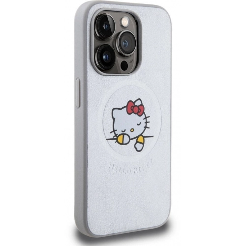 Apple iPhone 15 Pro Max (6.7) Kılıf Hello Kitty Orjinal Lisanslı Magsafe Şarj Özellikli Baskı Logolu Uyuyan Kitty Deri Kapak - Gümüş