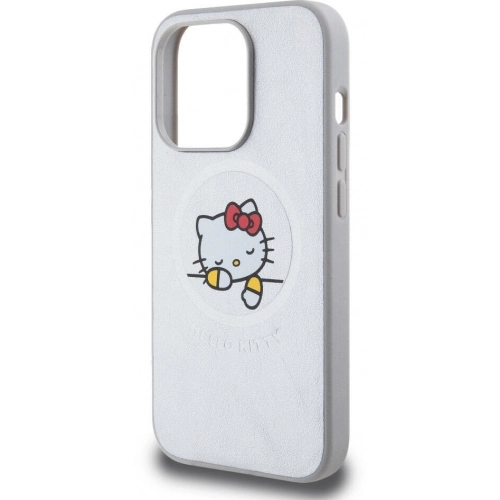 Apple iPhone 15 Pro Max (6.7) Kılıf Hello Kitty Orjinal Lisanslı Magsafe Şarj Özellikli Baskı Logolu Uyuyan Kitty Deri Kapak - Gümüş