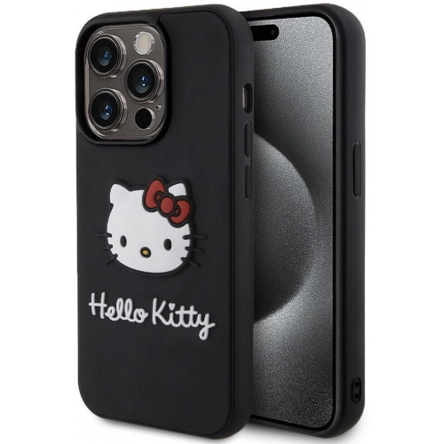 Apple iPhone 15 Pro Max (6.7) Kılıf Hello Kitty Orjinal Lisanslı Yazı ve İkonik Logolu 3D Rubber Kitty Head Kapak - Kırmızı
