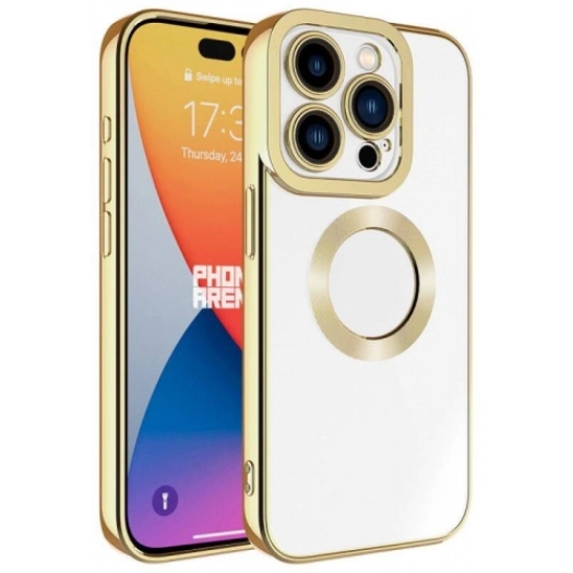 Apple iPhone 15 Pro Max (6.7) Kılıf Kamera Lens Korumalı Şeffaf Renkli Logo Gösteren Parlak Kapak - Gold