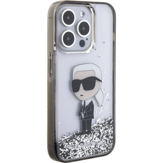 Apple iPhone 15 Pro Max (6.7) Kılıf Karl Lagerfeld İkonik Sıvılı Glitter Orjinal Lisanslı Kapak - Şeffaf