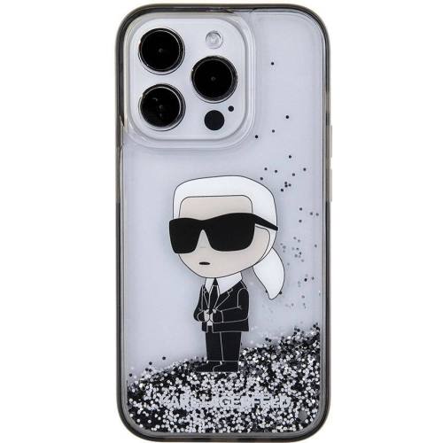 Apple iPhone 15 Pro Max (6.7) Kılıf Karl Lagerfeld İkonik Sıvılı Glitter Orjinal Lisanslı Kapak - Şeffaf