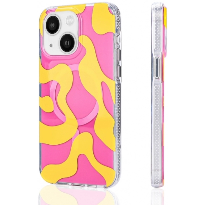 Apple iPhone 15 Pro Max (6.7) Kılıf Magsafe Kablosuz Şarj Özellikli Desenli Silikon TPU+PC Stilo Kapak - Sarı