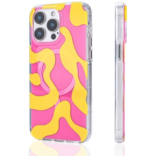 Apple iPhone 15 Pro Max (6.7) Kılıf Magsafe Kablosuz Şarj Özellikli Desenli Silikon TPU+PC Stilo Kapak - Sarı