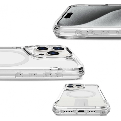 Apple iPhone 15 Pro Max (6.7) Kılıf MagSafe Özellikli Standlı TPU Kenarları Esnek T-Max Kapak - Şeffaf