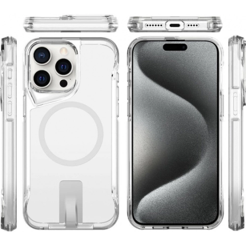 Apple iPhone 15 Pro Max (6.7) Kılıf MagSafe Özellikli Standlı TPU Kenarları Esnek T-Max Kapak - Şeffaf