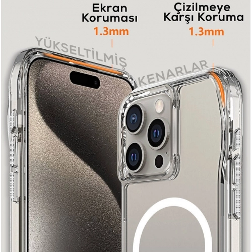 Apple iPhone 15 Pro Max (6.7) Kılıf Magsafe Şarj Özellikli Airbagli Şeffaf İncek Kapak - Şeffaf