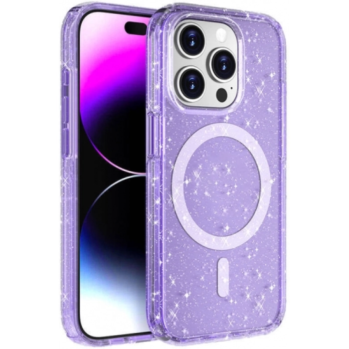 Apple iPhone 15 Pro Max (6.7) Kılıf Magsafe Şarj Özellikli Parlayan Simli Saydam Renkli Allstar Kapak - Mor