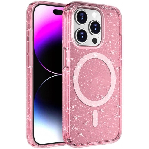 Apple iPhone 15 Pro Max (6.7) Kılıf Magsafe Şarj Özellikli Parlayan Simli Saydam Renkli Allstar Kapak - Pembe
