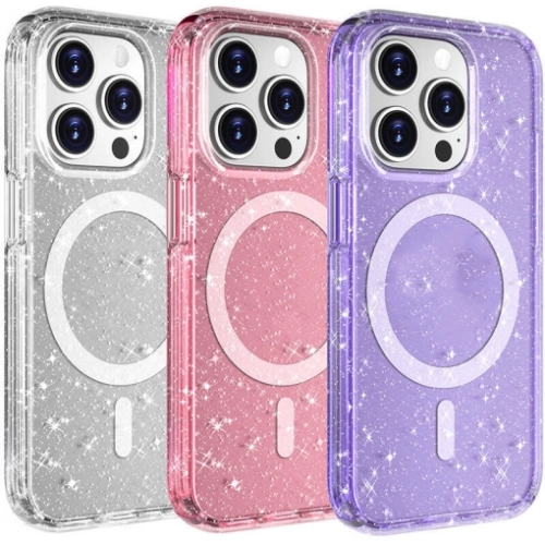 Apple iPhone 15 Pro Max (6.7) Kılıf Magsafe Şarj Özellikli Parlayan Simli Saydam Renkli Allstar Kapak - Pembe