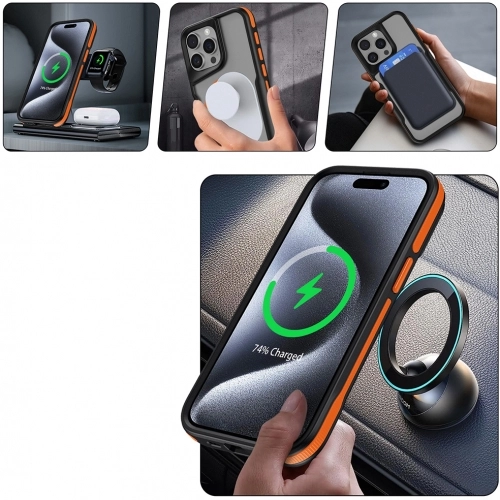 Apple iPhone 15 Pro Max (6.7) Kılıf Magsafe Şarj Özellikli Renkli Kenar Airbag Şeritli Lamer TPU MagSafe Kapak - Gri