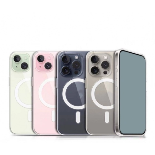 Apple iPhone 15 Pro Max (6.7) Kılıf Magsafe Şarj Özellikli Şeffaf Sert PC Embos Kapak - Şeffaf