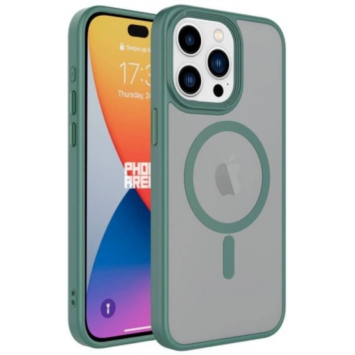 Apple iPhone 15 Pro Max (6.7) Kılıf Mat Arka Yüzey Wireless Şarj Özellikli Flet Magsafe Kapak - Yeşil