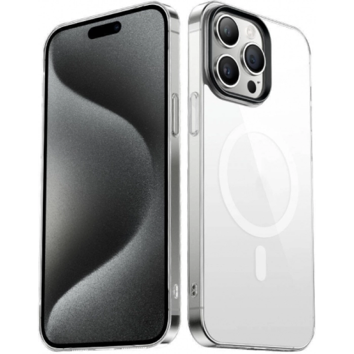 Apple iPhone 15 Pro Max (6.7) Kılıf Mıknatıslı Wireless Şarj Özellikli Şeffaf G-Glass Kapak - Siyah