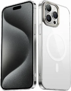 Apple iPhone 15 Pro Max (6.7) Kılıf Mıknatıslı Wireless Şarj Özellikli Şeffaf G-Glass Kapak - Titanyum
