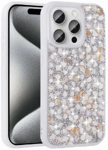 Apple iPhone 15 Pro Max (6.7) Kılıf Parlak Taşlı Tasarım Zore Linea Kapak - Beyaz