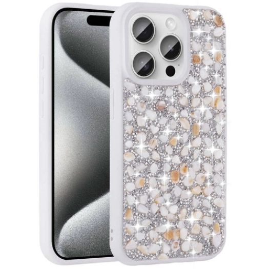 Apple iPhone 15 Pro Max (6.7) Kılıf Parlak Taşlı Tasarım Zore Linea Kapak - Beyaz