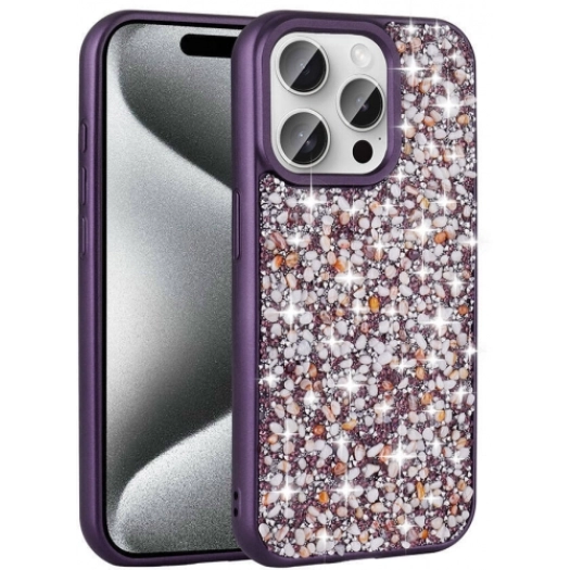 Apple iPhone 15 Pro Max (6.7) Kılıf Parlak Taşlı Tasarım Zore Linea Kapak - Koyu Mor