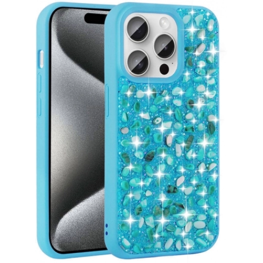 Apple iPhone 15 Pro Max (6.7) Kılıf Parlak Taşlı Tasarım Zore Linea Kapak - Mavi Açık