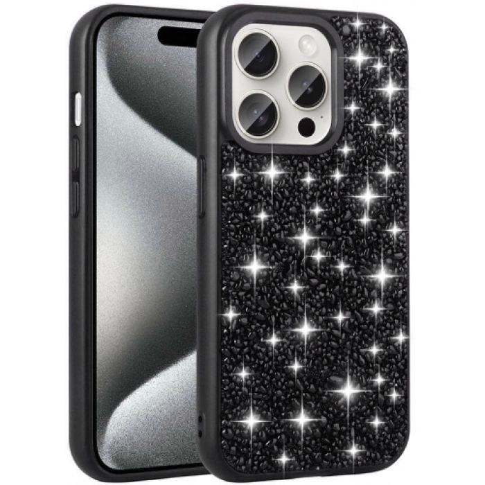 Apple iPhone 15 Pro Max (6.7) Kılıf Parlak Taşlı Tasarım Zore Linea Kapak - Siyah