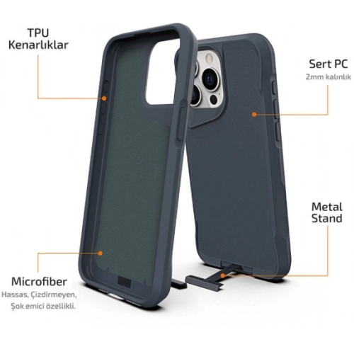 Apple iPhone 15 Pro Max (6.7) Kılıf Standlı TPU Kenarları Esnek Mat T-Max Kapak - Gri