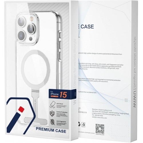 Apple iPhone 15 Pro Max (6.7) Kılıf Wiwu FYY-014 Magsafe Şarj Özellikli Alüminyum Alaşım Metal Standlı Şeffaf Kapak - Şeffaf