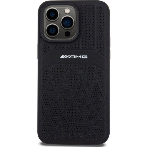 Apple iPhone 15 Pro Max (6.7) Kılıf AMG Orjinal Lisanslı Magsafe Şarj Özellikli Delikli Deri Kıvrımlı Çizgili Kapak - Siyah