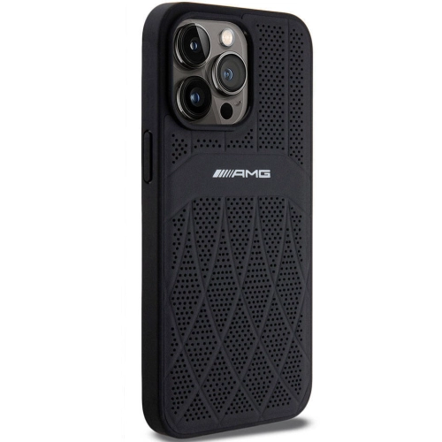 Apple iPhone 15 Pro Max (6.7) Kılıf AMG Orjinal Lisanslı Magsafe Şarj Özellikli Delikli Deri Kıvrımlı Çizgili Kapak - Siyah