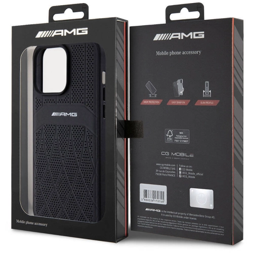 Apple iPhone 15 Pro Max (6.7) Kılıf AMG Orjinal Lisanslı Magsafe Şarj Özellikli Delikli Deri Kıvrımlı Çizgili Kapak - Siyah