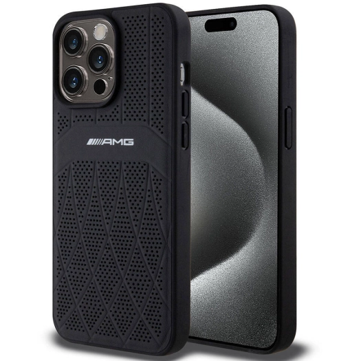 Apple iPhone 15 Pro Max (6.7) Kılıf AMG Orjinal Lisanslı Magsafe Şarj Özellikli Delikli Deri Kıvrımlı Çizgili Kapak - Siyah