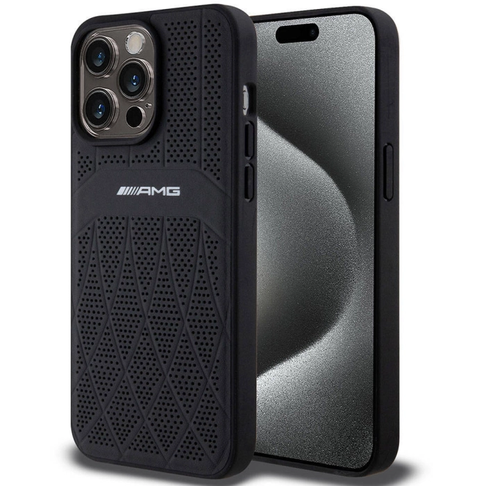 Apple iPhone 15 Pro Max (6.7) Kılıf AMG Orjinal Lisanslı Magsafe Şarj Özellikli Delikli Deri Kıvrımlı Çizgili Kapak - Siyah