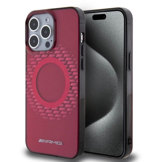 Apple iPhone 15 Pro Max (6.7) Kılıf AMG Orjinal Lisanslı Magsafe Şarj Özellikli Eşkenar Dörtgen Desenli Transparan Kapak - Kırmızı