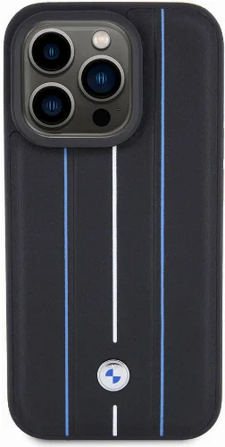 Apple iPhone 15 Pro Max (6.7) Kılıf BMW Deri Görünümlü Blue Lines Orjinal Lisanslı Kapak - Siyah