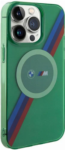 Apple iPhone 15 Pro Max (6.7) Kılıf BMW Magsafe Şarj Özellikli Transparan Tricolor Stripes Orjinal Lisanslı Kapak - Yeşil