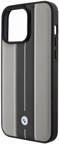 Apple iPhone 15 Pro Max (6.7) Kılıf BMW Orjinal Lisanslı Deri Arka Yüzey Metal Logolu Çift Şerit Tasarımlı Kapak - Krem