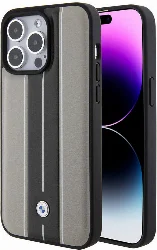 Apple iPhone 15 Pro Max (6.7) Kılıf BMW Orjinal Lisanslı Deri Arka Yüzey Metal Logolu Çift Şerit Tasarımlı Kapak - Krem