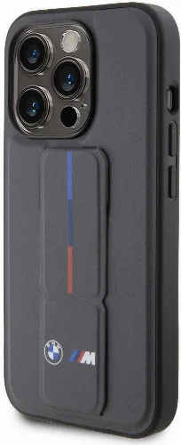 Apple iPhone 15 Pro Max (6.7) Kılıf BMW Orjinal Lisanslı M Şerit ve Logolu Standlı Kapak - Siyah