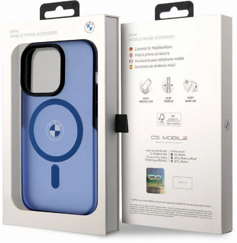 Apple iPhone 15 Pro Max (6.7) Kılıf BMW Orjinal Lisanslı Magsafe Şarj Özellikli IML Baskı Logolu Buzlu Mat Kapak - Mavi