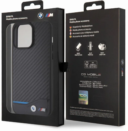 Apple iPhone 15 Pro Max (6.7) Kılıf BMW Orjinal Lisanslı Magsafe Şarj Özellikli M Logolu PU Karbon Kapak - Siyah