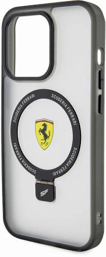 Apple iPhone 15 Pro Max (6.7) Kılıf Ferrari Magsafe Şarj Özellikli Standlı Buzlu Yüzey Dizayn Kapak - Siyah