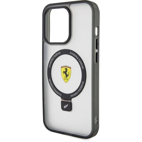 Apple iPhone 15 Pro Max (6.7) Kılıf Ferrari Magsafe Şarj Özellikli Standlı Buzlu Yüzey Dizayn Kapak - Transparan Siyah